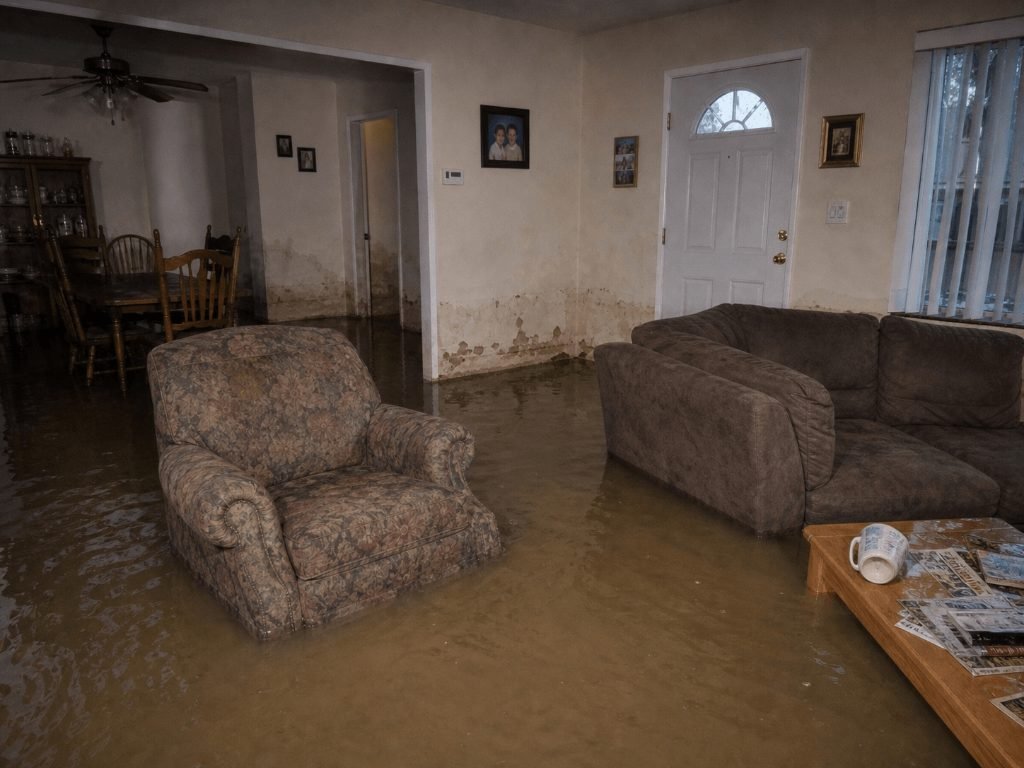 Flooded El Cajon living room with standing water before water damage restoration